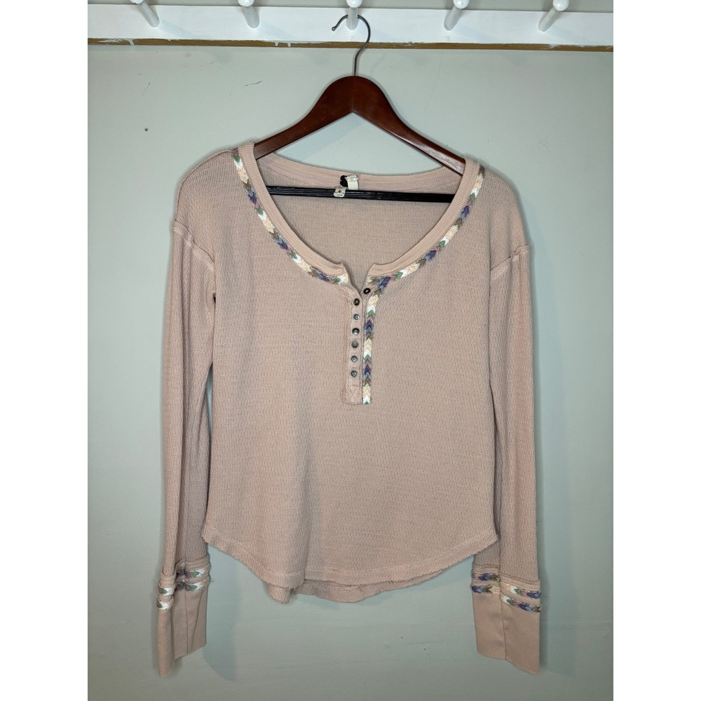 Free People We The Free Blush Pink Embroidered Henley Waffle Knit Thermal Small